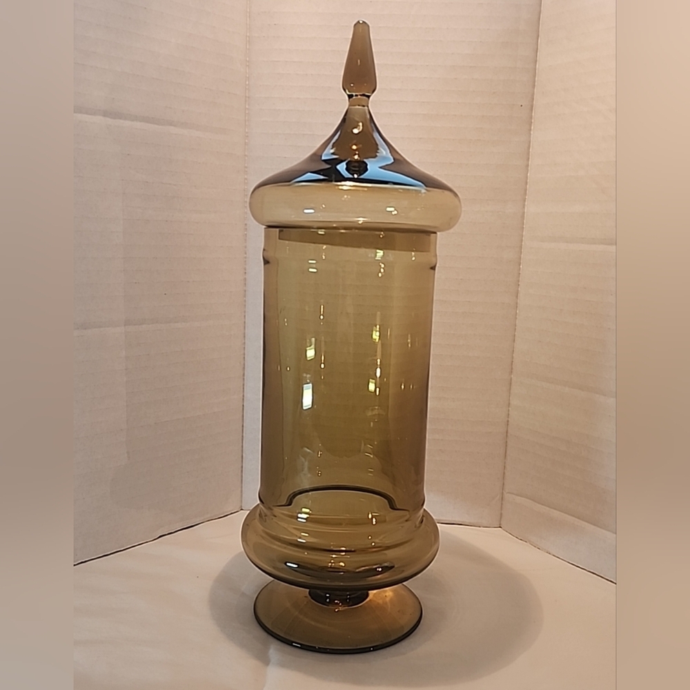 Vtg Empoli Amber Apothecary Jar Pedestal Circus Tent Lid Candy Handblown MCM 12”